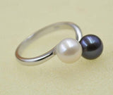 AAA High quality round white/black freshwater pearl ring 925 silver free P&P