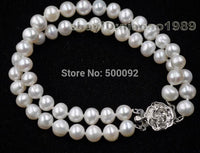 AA 7mm white Fresh water pearl 2strings women bracelet rose flower clasp