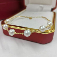 Gorgeous G18K gold AAA round White real Pearl Bracelet Women's Jewelry