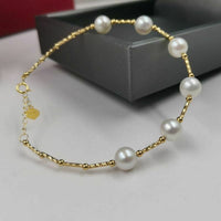 Gorgeous G18K gold AAA round White real Pearl Bracelet Women's Jewelry