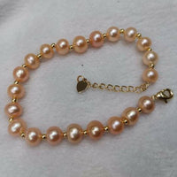 Natural color 7mm near round freshwater pearl braceelt golden chain