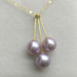 AAA 7-8mm round purple 3-Pearl pendant necklace G18K