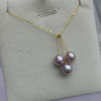 AAA 7-8mm round purple 3-Pearl pendant necklace G18K