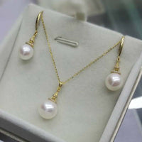 G18K  8-10mm round natural pearl sets necklace & dangle earring