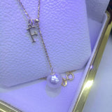 Gorgeous 8mm round Akoya pearl pendant G18K Chain necklace English letter