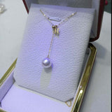 Gorgeous 8mm round Akoya pearl pendant G18K Chain necklace English letter