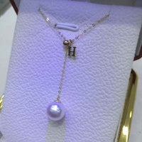 Gorgeous 8mm round Akoya pearl pendant G18K Chain necklace English letter