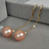 18k Solid Gold 8.5mm Round Real Pearl Dangle Earring Pink Beads Wedding Jewellry