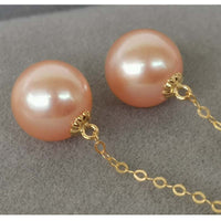 18k Solid Gold 8.5mm Round Real Pearl Dangle Earring Pink Beads Wedding Jewellry