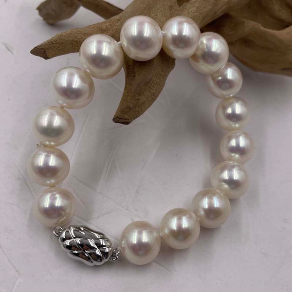 Top 10mm Round Real Pearl Bracelet Sterling Silver S925 Clasp Wedding Jewelry For Women