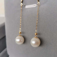 Gold 18K 8mm Round Natural Pearl Dangle Earring Women's Gifts 50mm