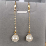 Gold 18K 8mm Round Natural Pearl Dangle Earring Women's Gifts 50mm