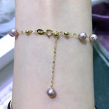 Gorgeous 18k solid gold chain bracelet round fresh water pearl Bangle wedding jewelry 4-5mm