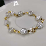 ELEISPL  14KGF 8-9mm Baroque White Pearl Golden Chain Bracelet 18-19cm #22010227