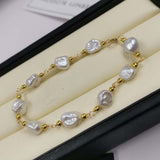 ELEISPL  14KGF 8-9mm Baroque White Pearl Golden Chain Bracelet 18-19cm #22010227