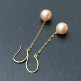 18k Solid Gold 8.5mm Round Real Pearl Dangle Earring Pink Beads Wedding Jewellry