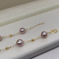 18K Gold Chain Bracelet Round Pearl Women's Wedding Jewelry 6-7mm purple