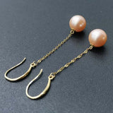 18k Solid Gold 8.5mm Round Real Pearl Dangle Earring Pink Beads Wedding Jewellry