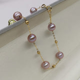 18K Gold Chain Bracelet Round Pearl Women's Wedding Jewelry 6-7mm purple