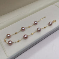 18K Gold Chain Bracelet Round Pearl Women's Wedding Jewelry 6-7mm purple