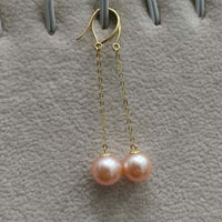 18k Solid Gold 8.5mm Round Real Pearl Dangle Earring Pink Beads Wedding Jewellry