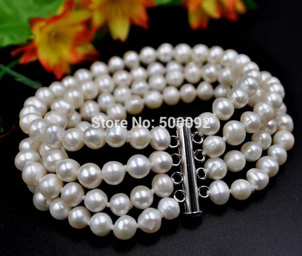 7.5" 4strands 6-7mm white freshwater pearl bracelet free shipping