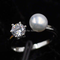 10 PCS Elegant Genuine Freshwater Pearl Rings Shiny Rhinestone Women's Jewelry