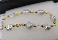 ELEISPL  14KGF 8-9mm Baroque White Pearl Golden Chain Bracelet 18-19cm #22010227