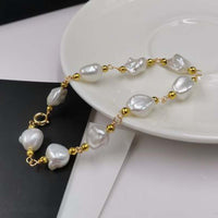 ELEISPL  14KGF 8-9mm Baroque White Pearl Golden Chain Bracelet 18-19cm #22010227