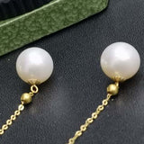 Gold 18K 8mm Round Natural Pearl Dangle Earring Women's Gifts 50mm