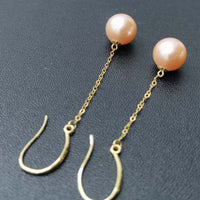 18k Solid Gold 8.5mm Round Real Pearl Dangle Earring Pink Beads Wedding Jewellry