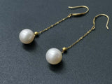 Gold 18K 8mm Round Natural Pearl Dangle Earring Women's Gifts 50mm