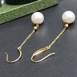 Gold 18K 8mm Round Natural Pearl Dangle Earring Women's Gifts 50mm