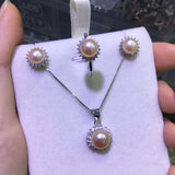 Sterling silver jewelry set genuine pearl pendant necklace & studs earring