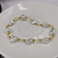 ELEISPL  14KGF 8-9mm Baroque White Pearl Golden Chain Bracelet 18-19cm #22010227