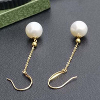 Gold 18K 8mm Round Natural Pearl Dangle Earring Women's Gifts 50mm