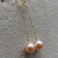 18k Solid Gold 8.5mm Round Real Pearl Dangle Earring Pink Beads Wedding Jewellry